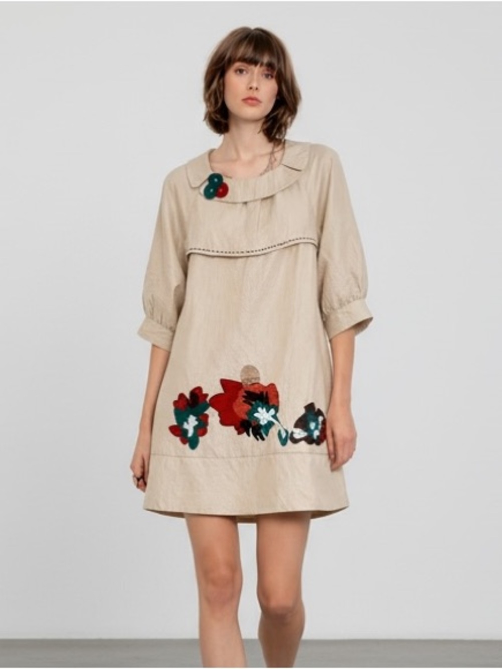 Vintage Anna Sui Champagne Appliqué  Swing Baby Doll Mini Dress